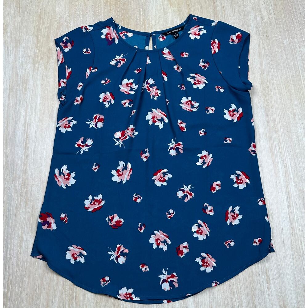 41 Hawthorn Teal Floral Cap-Sleeve Blouse with Red & White Accents